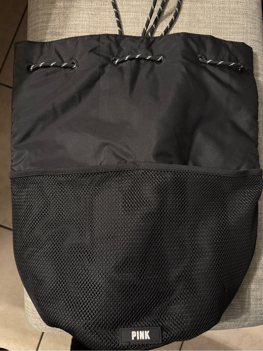 PINK Victoria's Secret Black Drawstring Mesh Tote Backpack